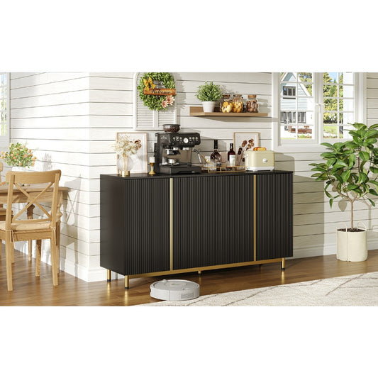 Sideboard, 150 Cm, Buffet Cabinet with Corrugated Doors, Adjustable Metal Feet, Modern Dining Table, Tiltable, Suitable for Dining Room, Kitchen And Living Room – Black