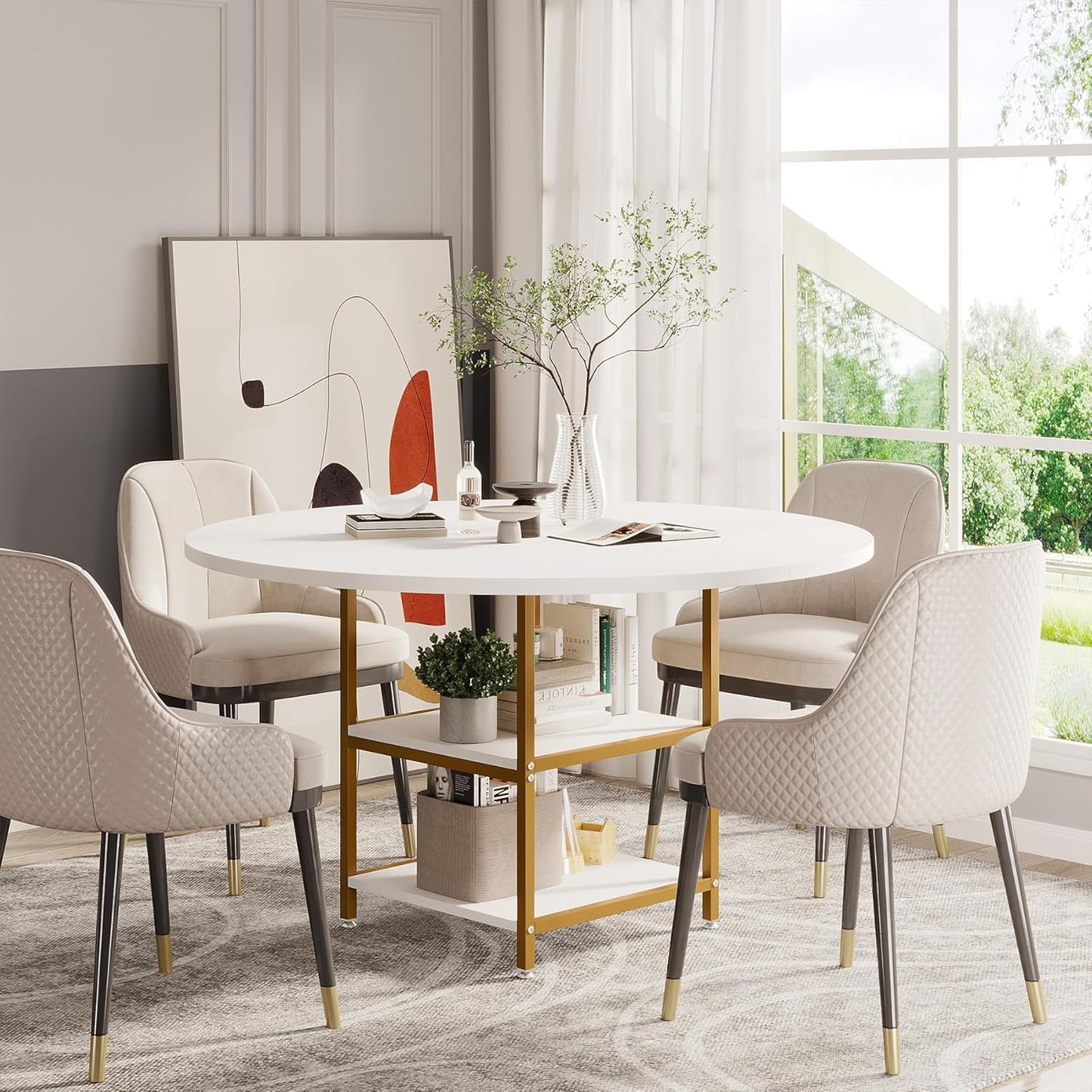 Ronde Eettafel – Ronde Tafel – Eetkamertafel – Keukentafel – Bistrotafel – Industrieel Design – 120 cm Diameter – Houten Tafelblad Met Opbergrek – Wit Goud