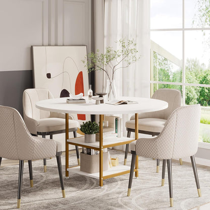 Ronde Eettafel – Ronde Tafel – Eetkamertafel – Keukentafel – Bistrotafel – Industrieel Design – 120 cm Diameter – Houten Tafelblad Met Opbergrek – Wit Goud