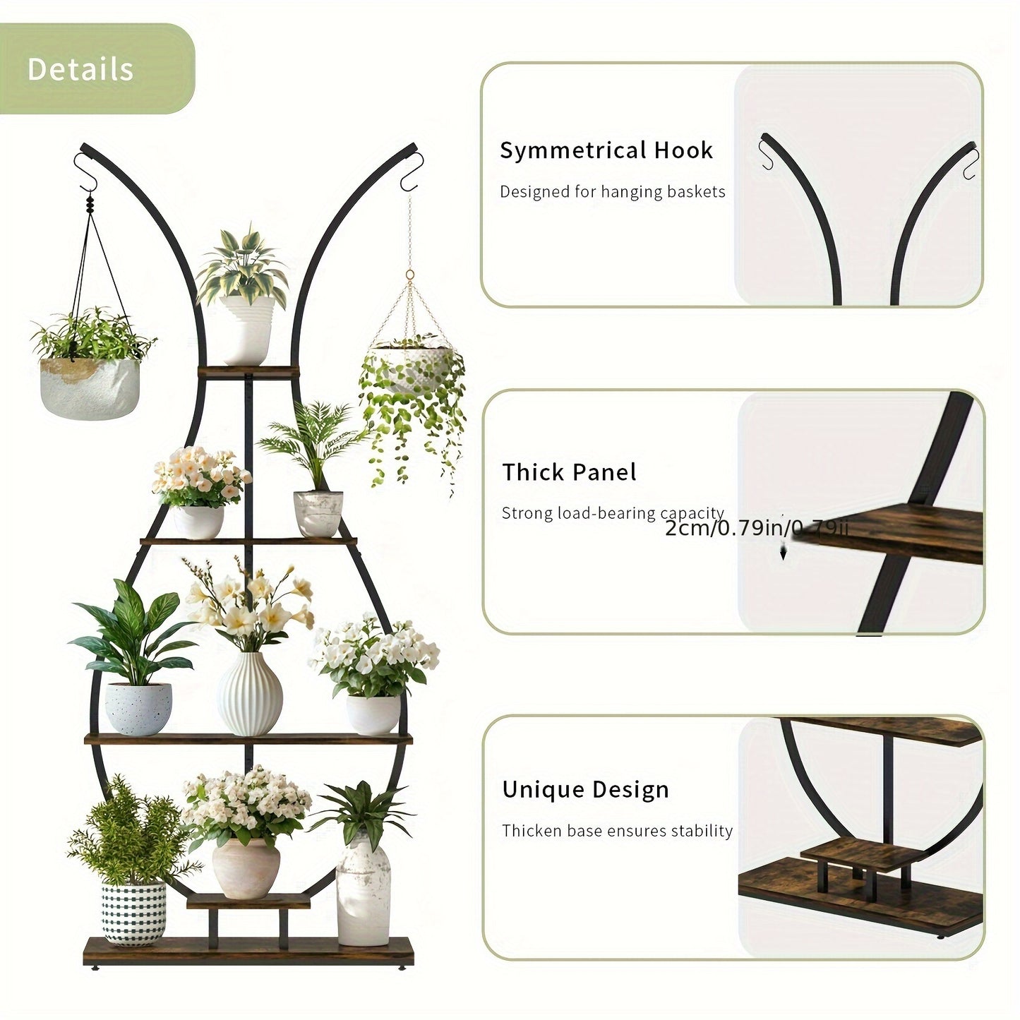 Vaasvormige Plantenstandaard – 5-Lagen Hoge Plantenplank met Metalen Frame en Haakjes – Indoor Plant Display voor Woonkamer, Balkon of Thuisdecoratie