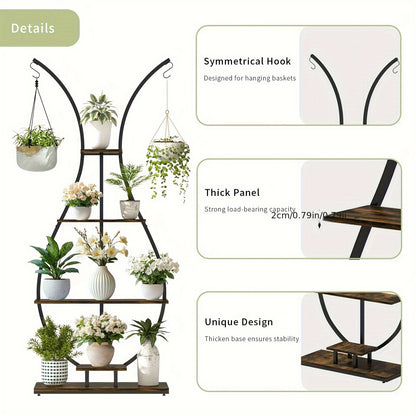 Vaasvormige Plantenstandaard – 5-Lagen Hoge Plantenplank met Metalen Frame en Haakjes – Indoor Plant Display voor Woonkamer, Balkon of Thuisdecoratie