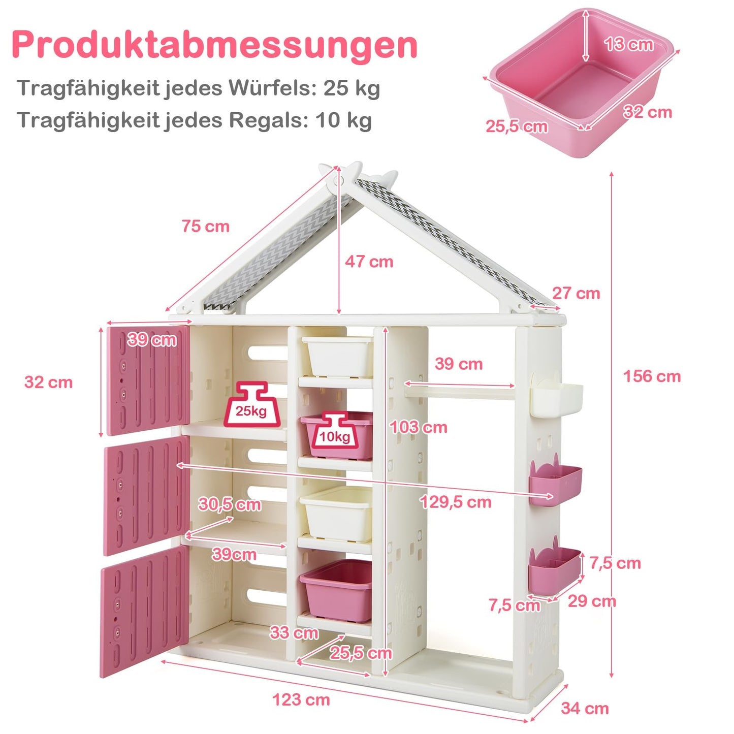 Kinderkast Huisstijl – Boekenkast Kind – Speelgoedkast – Opbergkast Kids – Kledingrek Kinderkamer – Roze – Veilig HDPE Materiaal – 4 Opbergboxen & Zijkorfjes