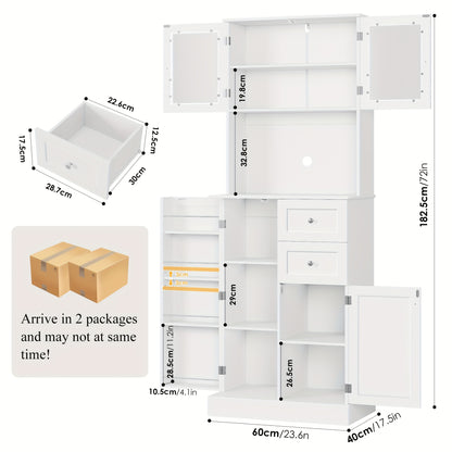 Keukenkast – Keukenbuffet – Opbergkast – Kast – Keukenmeubel – Wit – Matglas Deuren – 7 Verstelbare Planken – MDF – Ruim Werkblad 68,5 cm