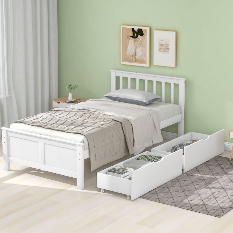 Eenpersoonsbed – Eenpersoonsbedden – Jeugdbed – Volwassenenbed – Bed met Opbergladen – Grenenhouten Frame – Geschikt voor Matras 90x200 cm