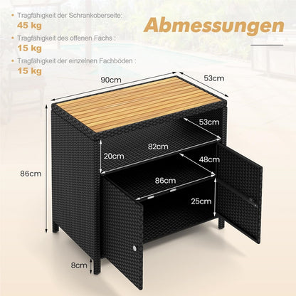 Tuinkast Rattan Kast Buitenberging Opbergkast Tuinmeubel – Zwart – 90x53x86 cm – Acaciahouten Werkblad – Weerbestendig Metalen Frame