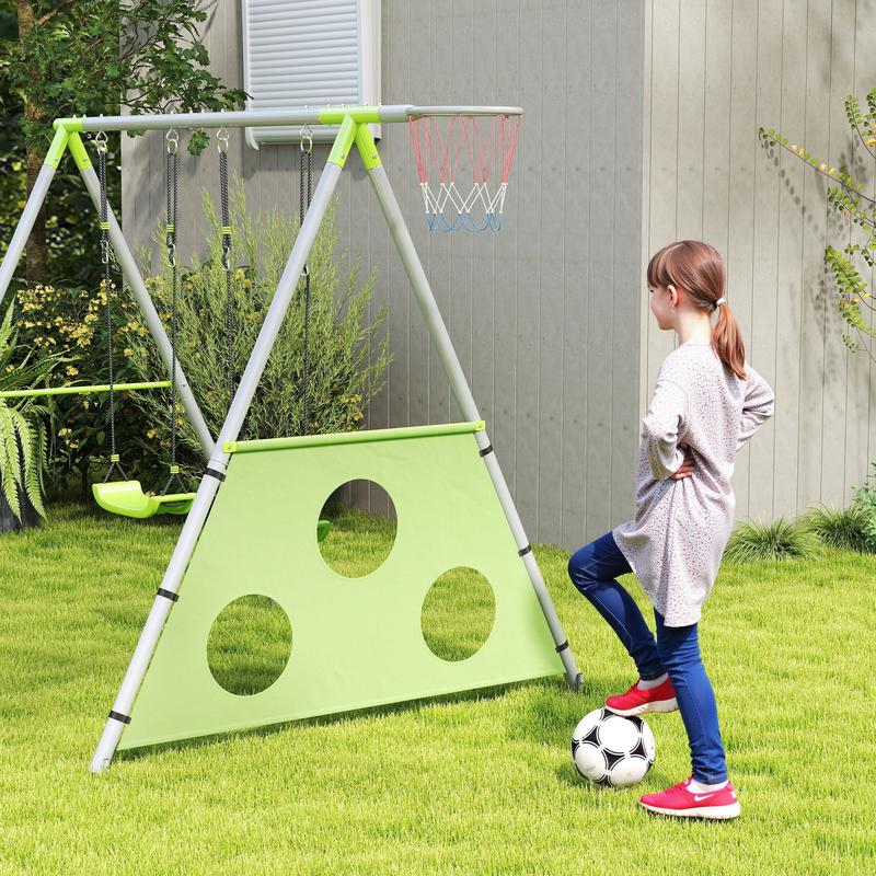 Swing Set for , 2 Swing Seats, 1 Basketball Hoop, 1 Soccer Goal, Metal Frame, Green, ' Play Equipment, ' Playground, Interactive Play Set, Fun Play Equipment, Weatherresistant Material, Safe For, Play Equipment, Sports Play S