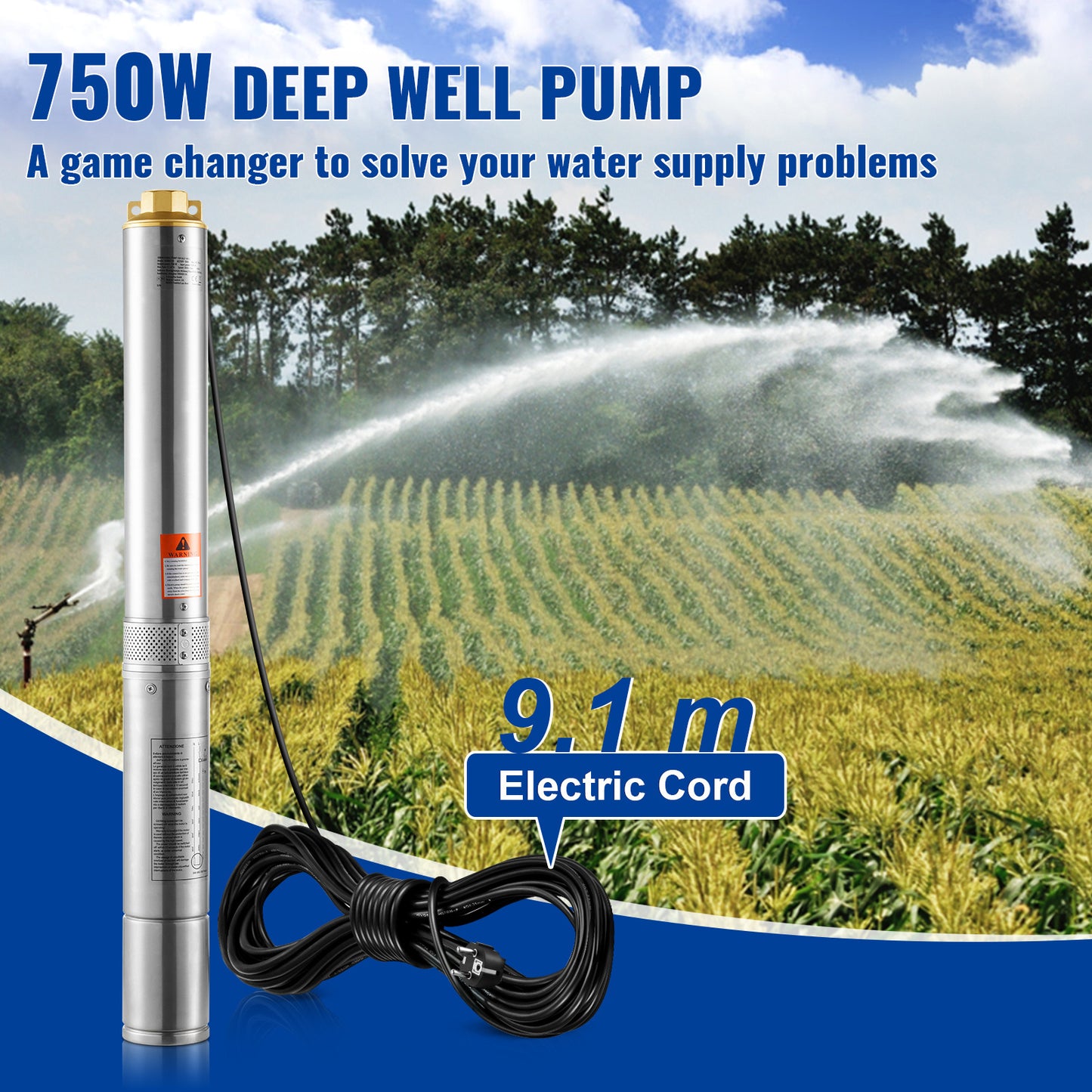 Diepeputpomp – Waterpomp – Onderwaterpomp – Putpomp – Dompelpomp – Roestvrijstalen Behuizing – 750W Vermogen – 75 Meter Pomphoogte