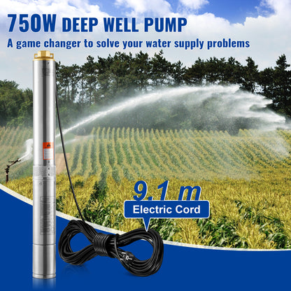 Diepeputpomp – Waterpomp – Onderwaterpomp – Putpomp – Dompelpomp – Roestvrijstalen Behuizing – 750W Vermogen – 75 Meter Pomphoogte