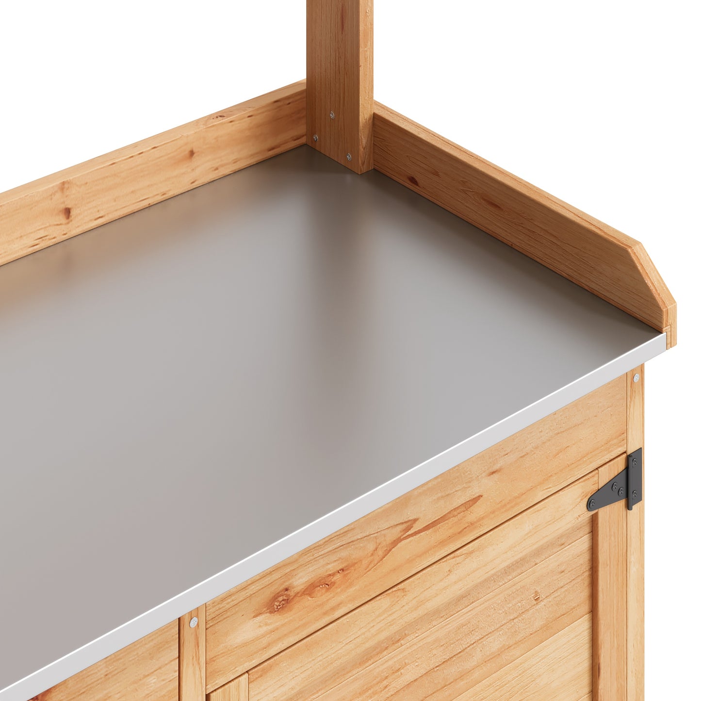 Tuinwerkbank – Werktafel Tuinieren – Plantentafel Met Opbergruimte – Tuinkast Met Planken – Werkbank Met Metalen Werkblad – Houtkleur Variant – Stevig Metalen Werkblad – Handige Zijhaken