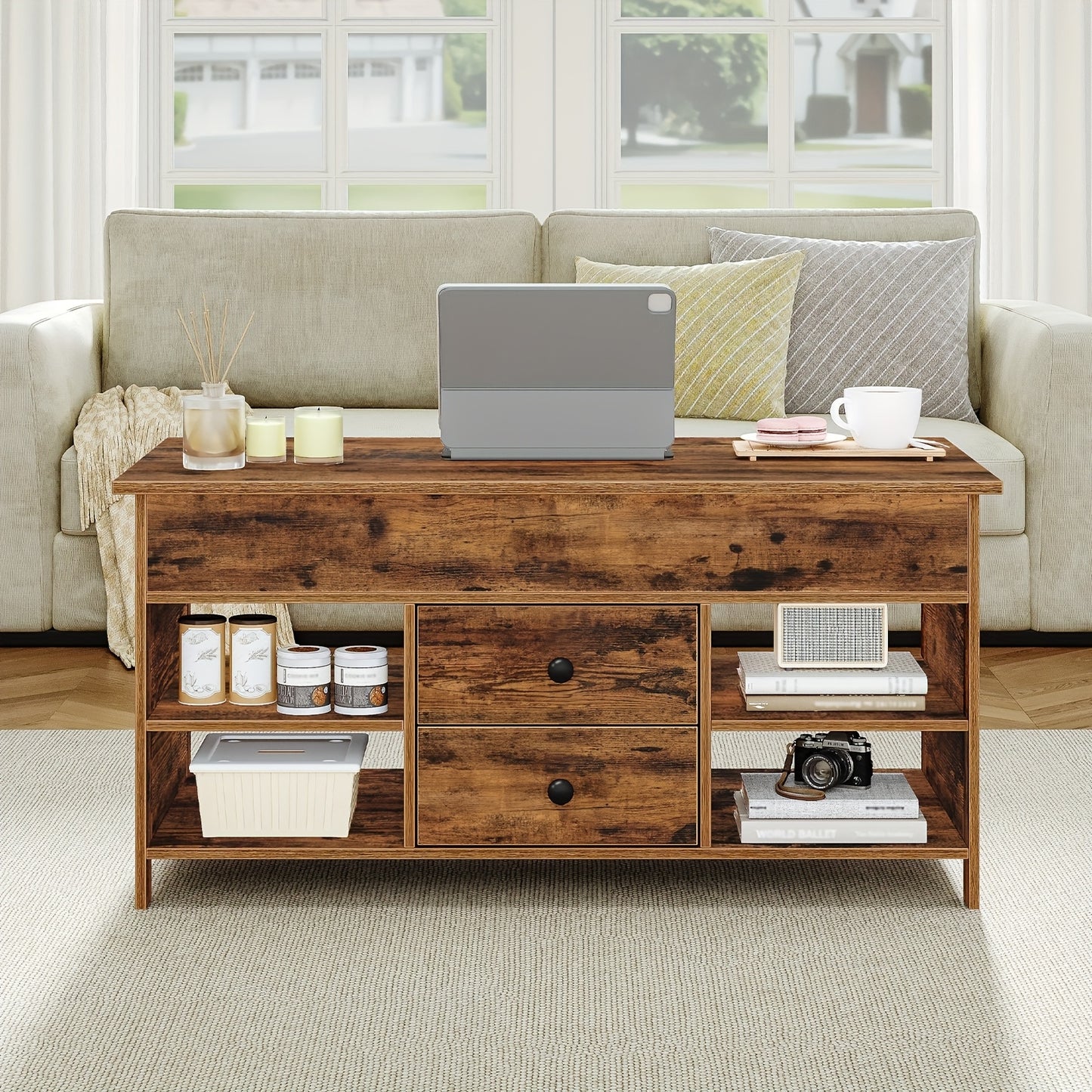 Salontafel – Koffietafel – Verstelbare Tafel – Sofa Tafel – Woonkamertafel – Hoogte Verstelbaar – Met 2 Lades En Verborgen Opbergruimte – 50x100x47,3-61,3 cm – Modern Design – Duurzaam Hout En Metaal