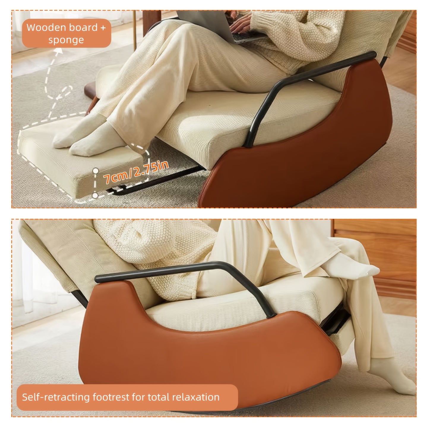 Schommelstoel – Relaxstoel – Loungechair – Fauteuil – Schommelfauteuil – Beige Bruin – Uitschuifbare Voetensteun – Ergonomisch Comfort – Duurzaam MDF Hardhout Metaal