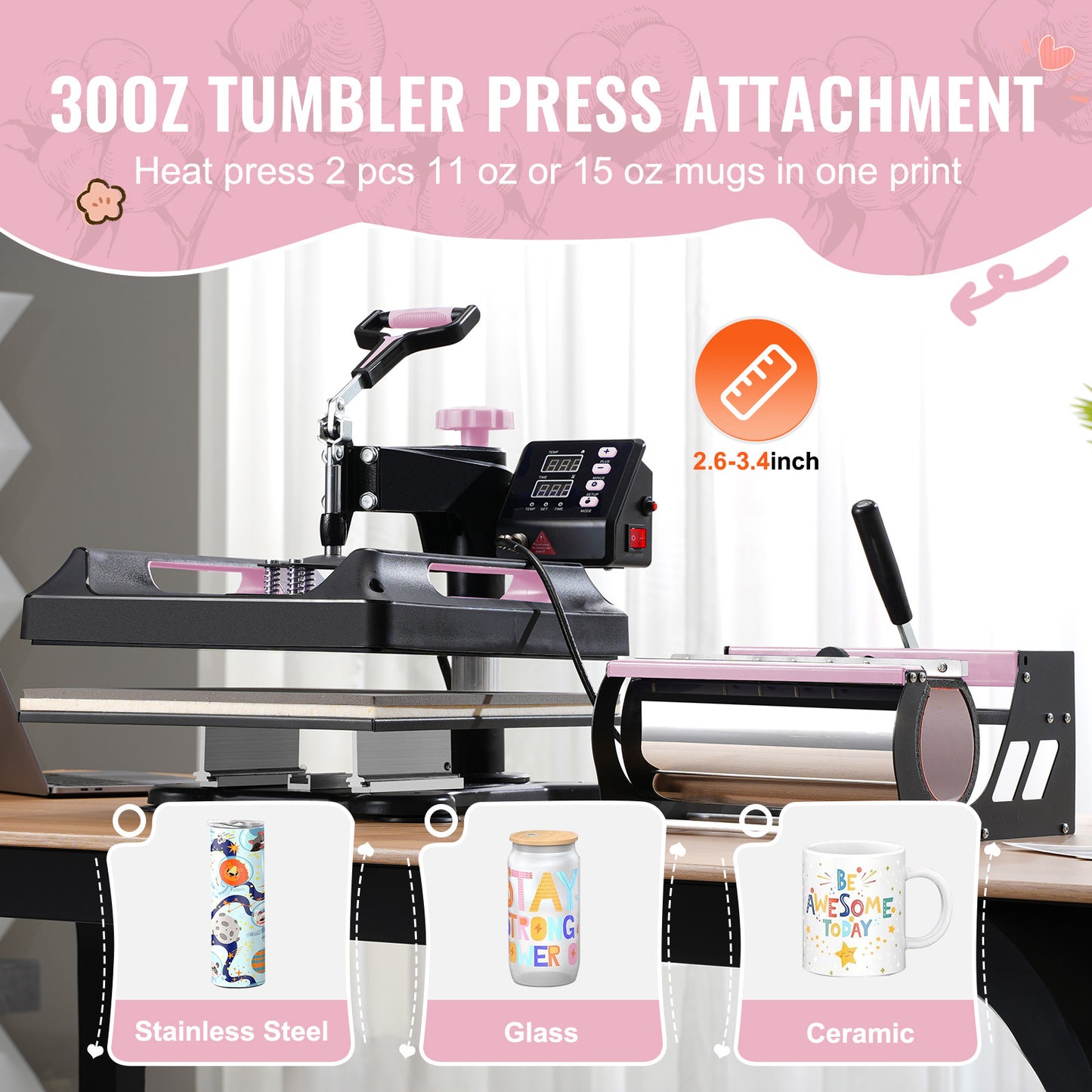 Transferpers – Hittepers – Texielpers – Mokkenpers – 8-in-1 Multifunctionele Heat Press – 15x15 cm Persvlak – 2 Mokken Tegelijk Pressen