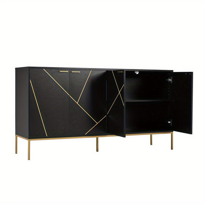 Buffetkast – Dressoir – Opbergkast – Kast – Buffet – Zwart Met Gouden Accenten – 4-Deurs Met Metalen Poten – Compact 80x150x40 Cm – Modern Lineair Design