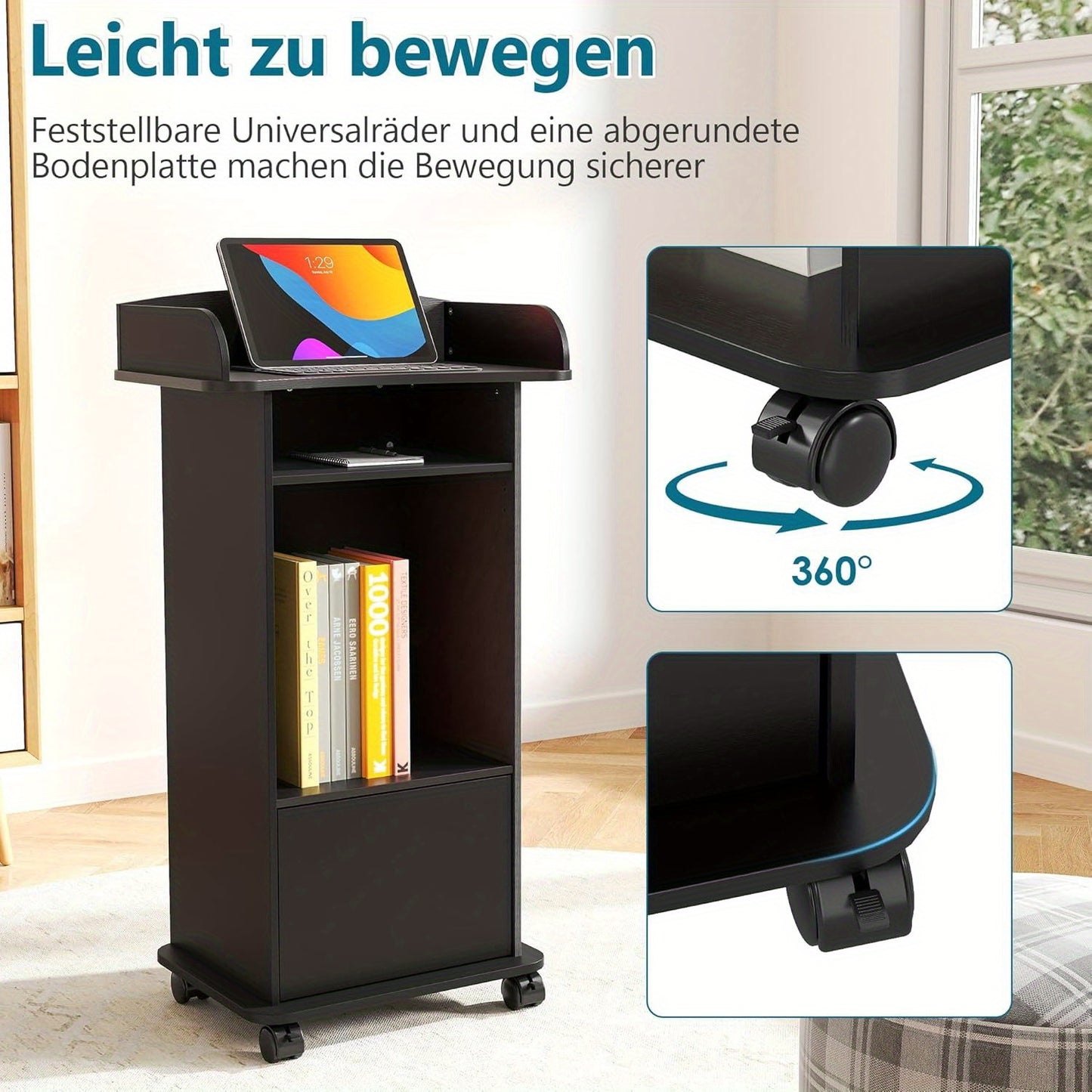 Step Podium Stand with Drawer Mobile Speaker Stand with Wheels Wooden Podium Black Lecterns with Storage Rack