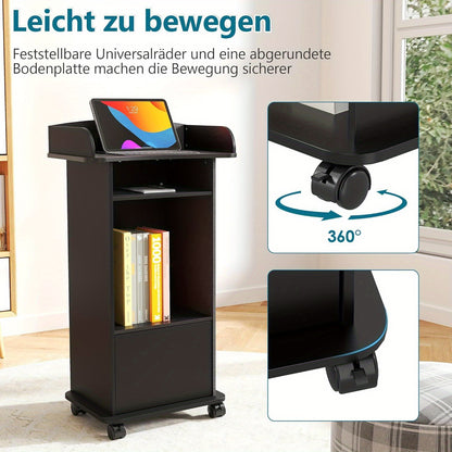 Step Podium Stand with Drawer Mobile Speaker Stand with Wheels Wooden Podium Black Lecterns with Storage Rack