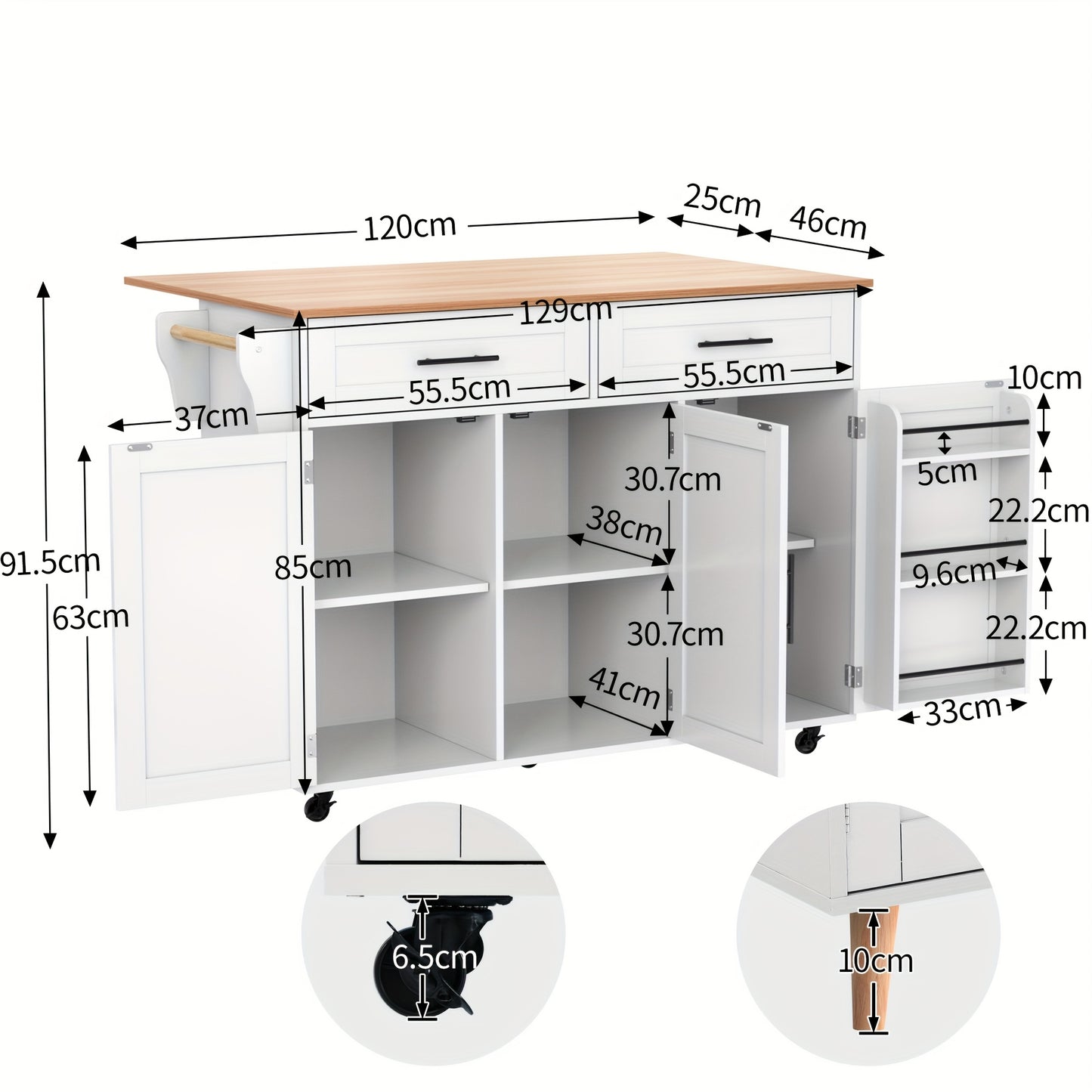 Keukentrolley – Serveerwagen – Keukenwagen – Opbergtrolley – Mobiele Kast – Wit – Massief Houten Werkblad – Verstelbare Voeten – 129x46 cm – Verrijdbaar Met Remmen