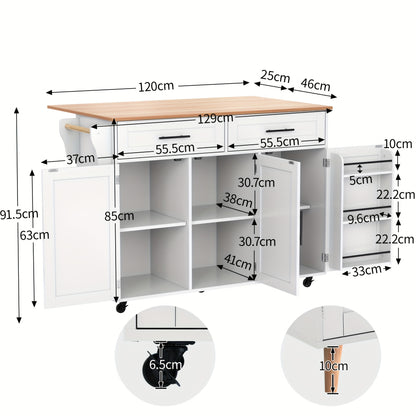 Keukentrolley – Serveerwagen – Keukenwagen – Opbergtrolley – Mobiele Kast – Wit – Massief Houten Werkblad – Verstelbare Voeten – 129x46 cm – Verrijdbaar Met Remmen