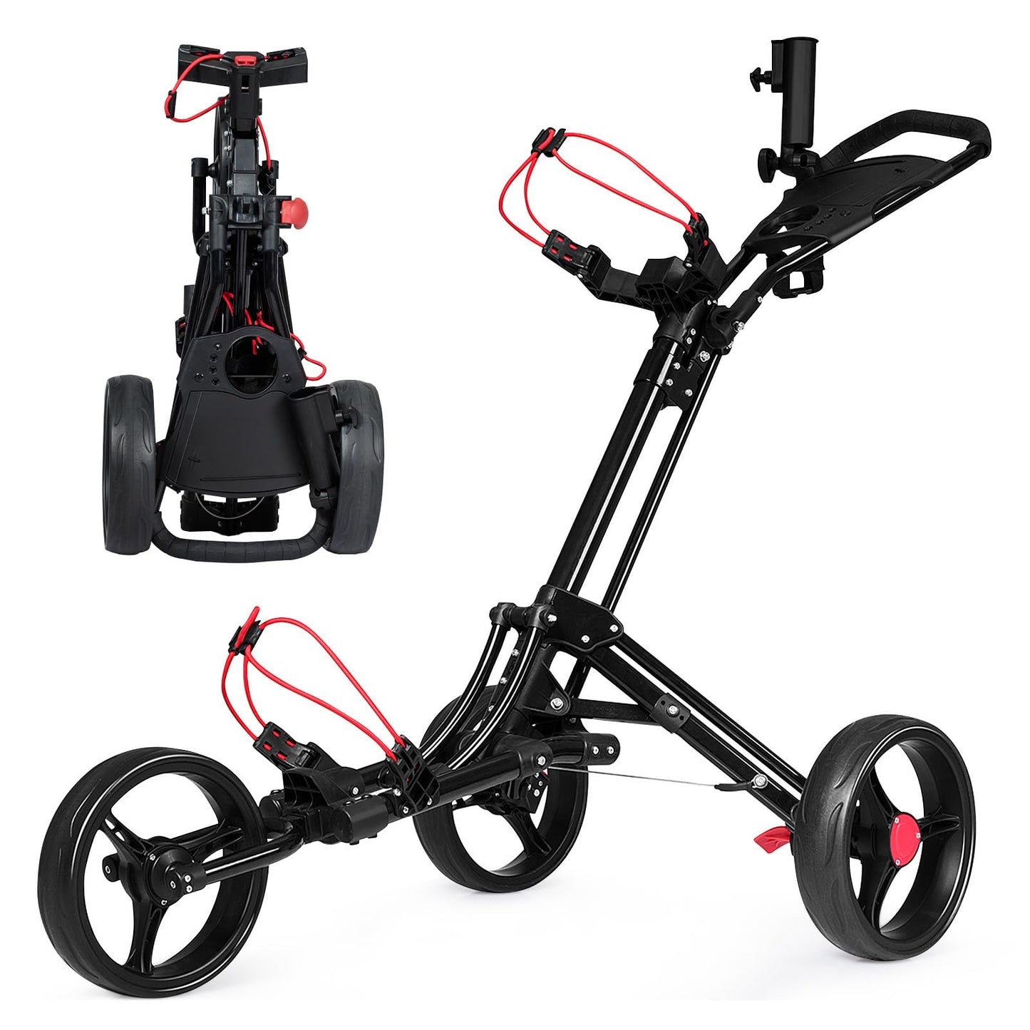 Golftrolley – Golfkar – Golfwagen – Golfcaddy – 3-Wiel Trolley – Aluminium – Inklapbaar met Parapluhouder & T-Stukhouder – Zwart