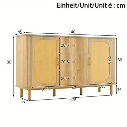Dressoir – Opbergkast – Ladekast – Buffetkast – Commode – Modern Design – Duurzaam Materiaal – Licht Beige/Natuurlijke Bruin – Met Laden en Open Vakken – Stevige Metalen Poten