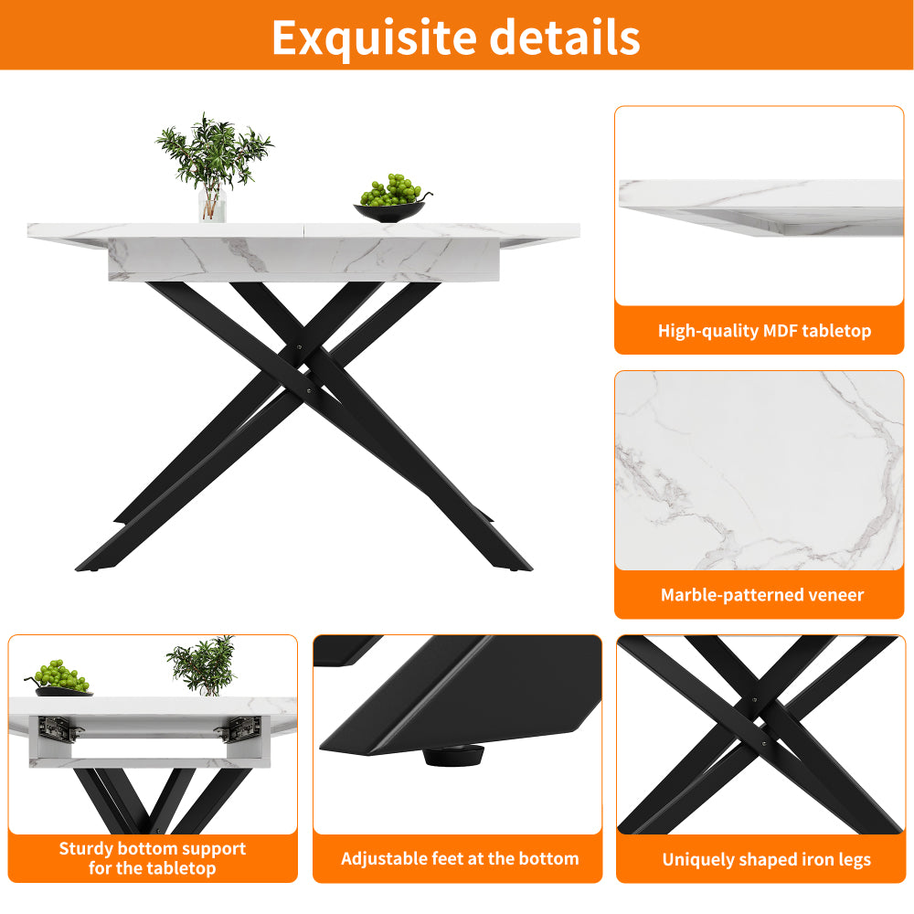Uitschuiftafel – Inklaptafel – Klaptafel – Vouwtafel – Eettafel – Verstelbaar 120-160 cm – Wit Marmerlook – Zwarte Kruisframe Poten