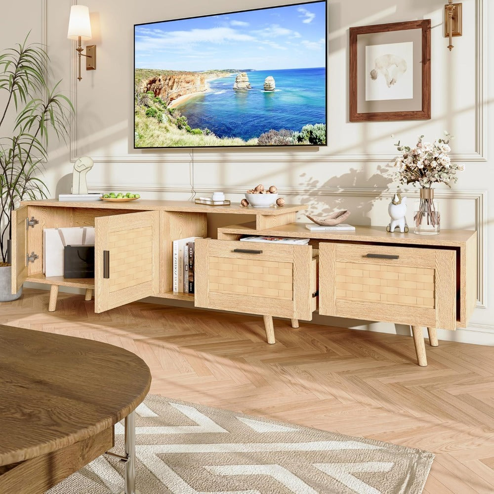 tv-meubel – tv-kast – dressoir – mediameubel – wandmeubel – Mid-Century Modern Design – Natuurlijke Rattan Accenten – 146x30x44 cm – MDF Hout
