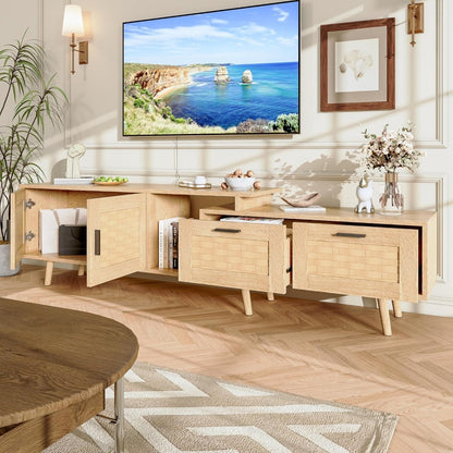 tv-meubel – tv-kast – dressoir – mediameubel – wandmeubel – Mid-Century Modern Design – Natuurlijke Rattan Accenten – 146x30x44 cm – MDF Hout