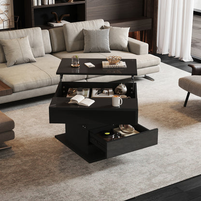 Geometric Coffee Table, 360° Rotating Top, Lift-Up Coffee Table with 1 Drawer, High-Gloss Living Room Table with Hidden Storage, Sofa Table, Side Table, Black