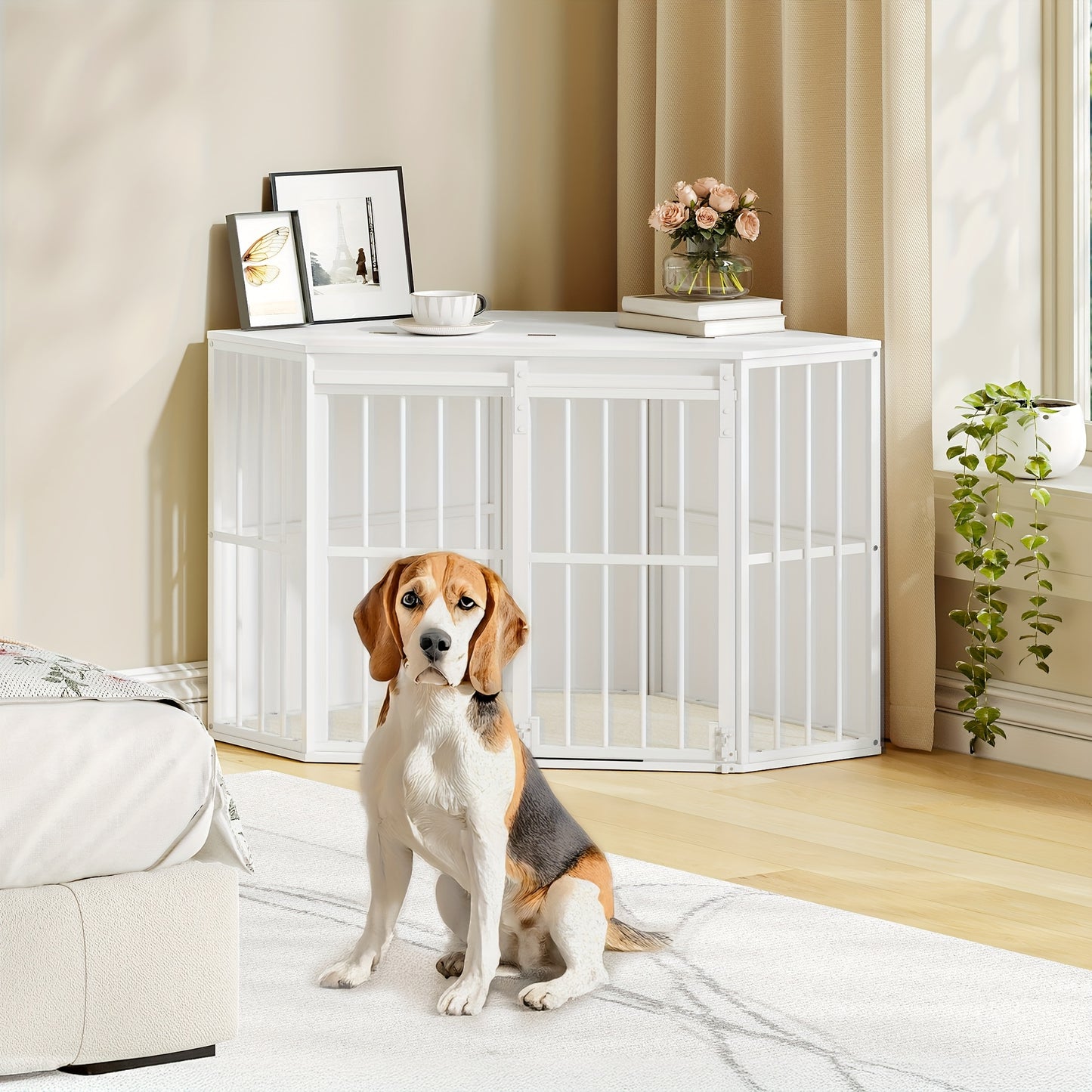Corner Dog Cage, Dog Crate For Home, Dog Cage Furniture With Cushion And Sliding Doors, Modern Wooden Indoor Dog Crate With Hinged Lid For Medium And Small Dogs, 107 X 59.6 X 64 Cm, White