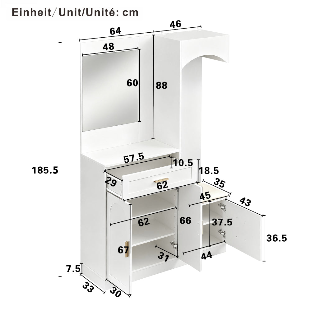 Gangkast – Halmeubel – Garderobekast – Opbergkast – Schoenenkast – Modern Design – Compact Met Spiegel – Witte Kast Met Gouden Accenten