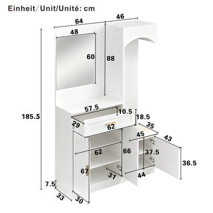 Gangkast – Halmeubel – Garderobekast – Opbergkast – Schoenenkast – Modern Design – Compact Met Spiegel – Witte Kast Met Gouden Accenten