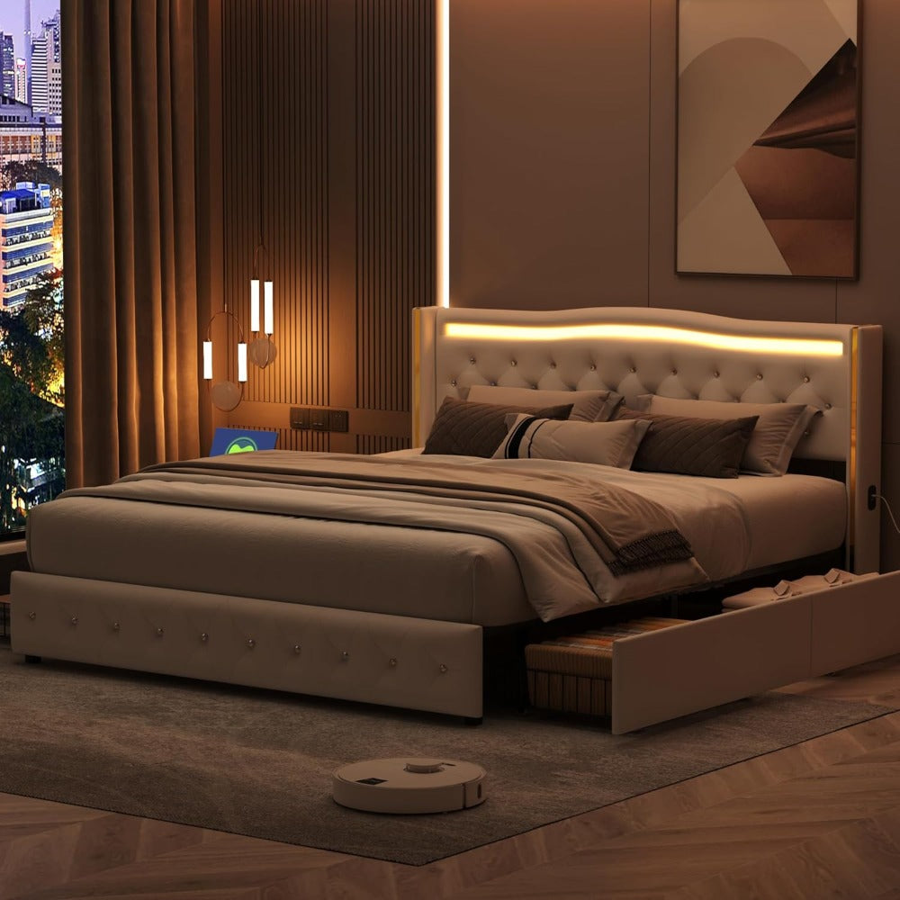 Bedkast – Tweepersoonsbed – Opbergbed – Led Bed – Ladebed – 140x200 cm – PU Leer – USB Oplaadpoorten