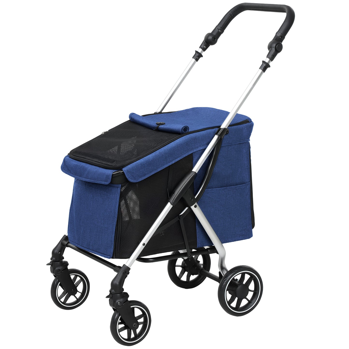 Hondenwagen – Hondenbuggy – Huisdierenbuggy – Wandelwagen – Pet Stroller – Lichtgewicht & Opvouwbaar – Wasbaar Kussen & Mesh Ventilatie – Donkerblauw