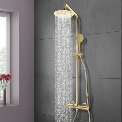 Regendouche – Douche Set – Douchepakket – Douchekolom – Douche Systeem – Thermostaat – Gouden Messing Afwerking – 20 cm Draaibare Topdouche – Instelbare Sproeistanden