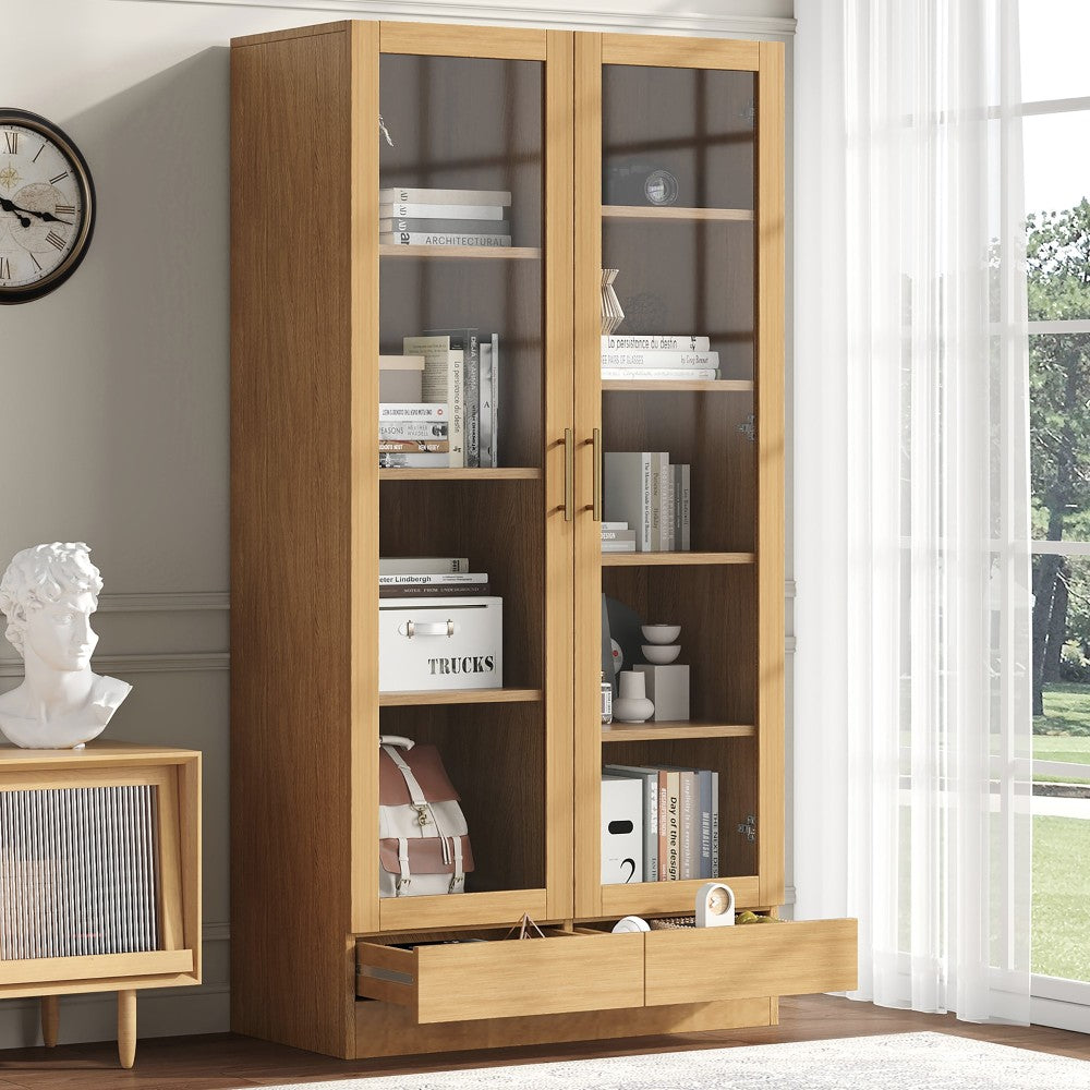 Vitrinekast Modern – Glazen Kast – Boekenkast – Opbergkast – Displaykast – Natuurlijk Houten Frame – Vrijstaand Met Push-to-Open Lades – 80x40x160 cm