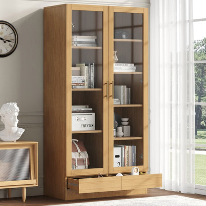Vitrinekast Modern – Glazen Kast – Boekenkast – Opbergkast – Displaykast – Natuurlijk Houten Frame – Vrijstaand Met Push-to-Open Lades – 80x40x160 cm