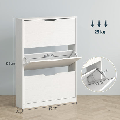 Schoenenkast – Schoenenkast – Schoenenrek – Schoenopberger – Schoenmeubel – 3 Uittrekbare Lades – Slank Wit Design 80x17x108 cm