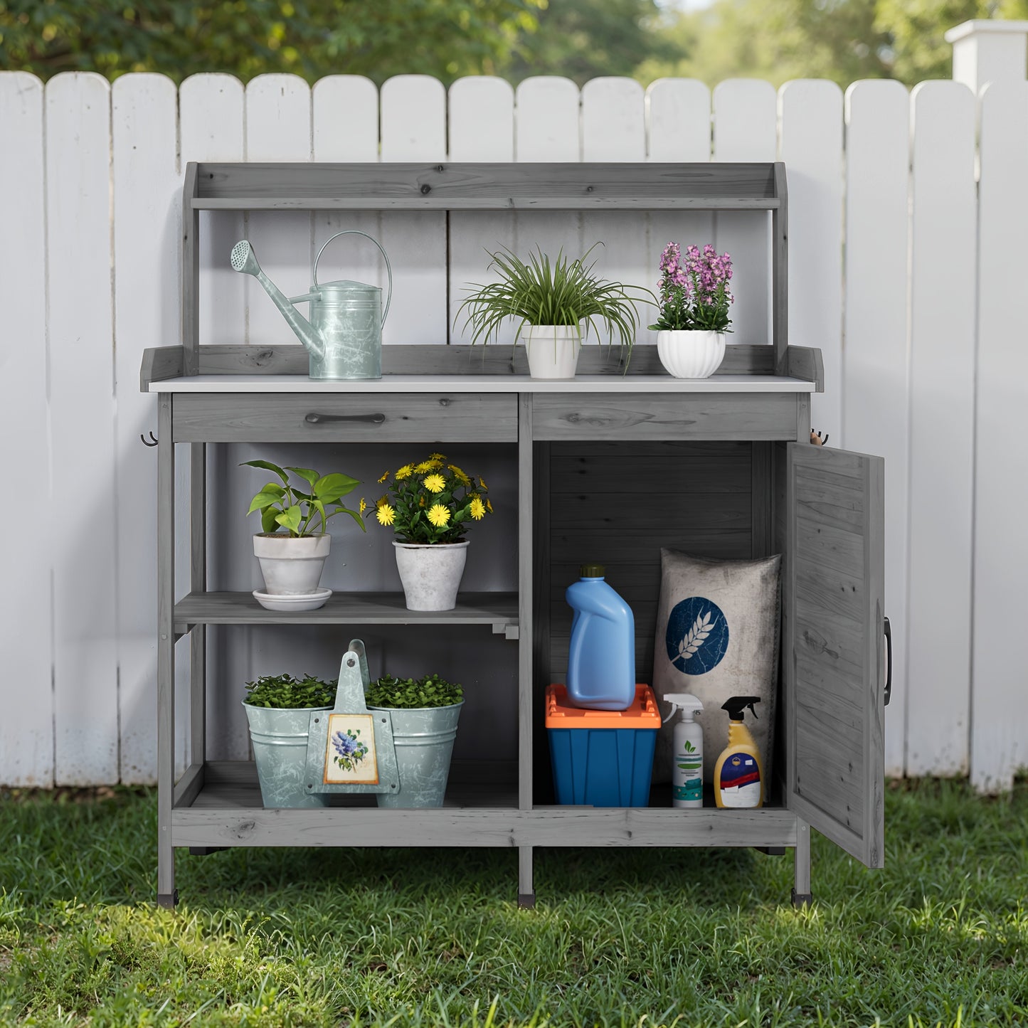 Tuinwerkbank – Oppottafel – Tuinwerktafel – Plantentafel – Tuinwerkbank Met Opbergruimte – Met Metalen Werkblad – Handige Zijhaken – Duurzaam Hout