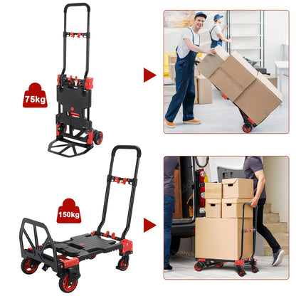 2-in-1 Trolley – Vouwbare Kar – Handwagen – Veldtransporter – Boodschappentrolley – Telescopische Handgreep – Max Draagkracht 150 kg – Ruime Laadruimte Rood