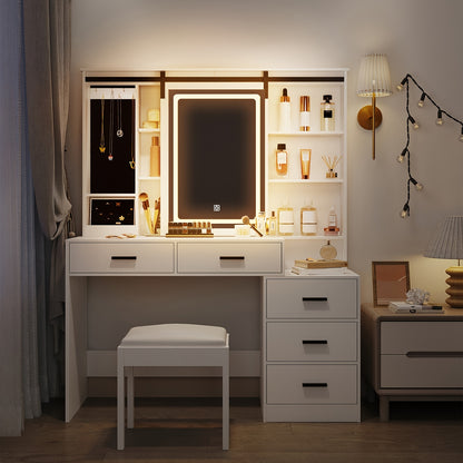 Dressing Table with Adjustable LED Lighting, Removable Large Mirror, with Jewelry Storage, Open Shelves, 5 Drawers, with Side Table, for Bedroom, White