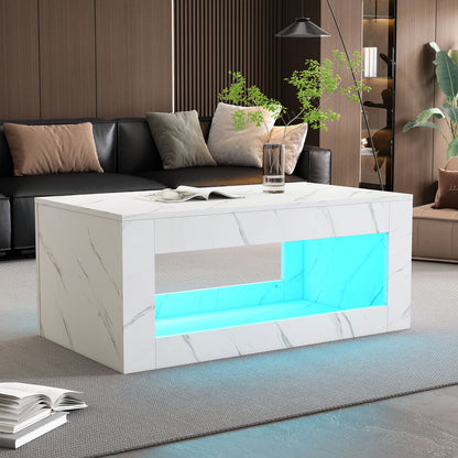 Salontafel – Koffietafel – Woonkamertafel – Bijzettafel – Tafel – Modern Design – Marmerprint Blad Met Blauwe Plank – Direct Gebruiksklaar