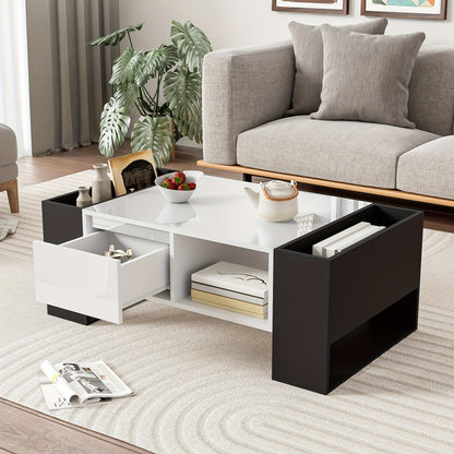 Salontafel – Koffietafel – Tafel – Woonkamertafel – Tafeltje – Modern Design – Hoogglans Zwart-Wit – 105x60x40,5 cm – Hardhout – 2 Lades & 4 Open Vakken