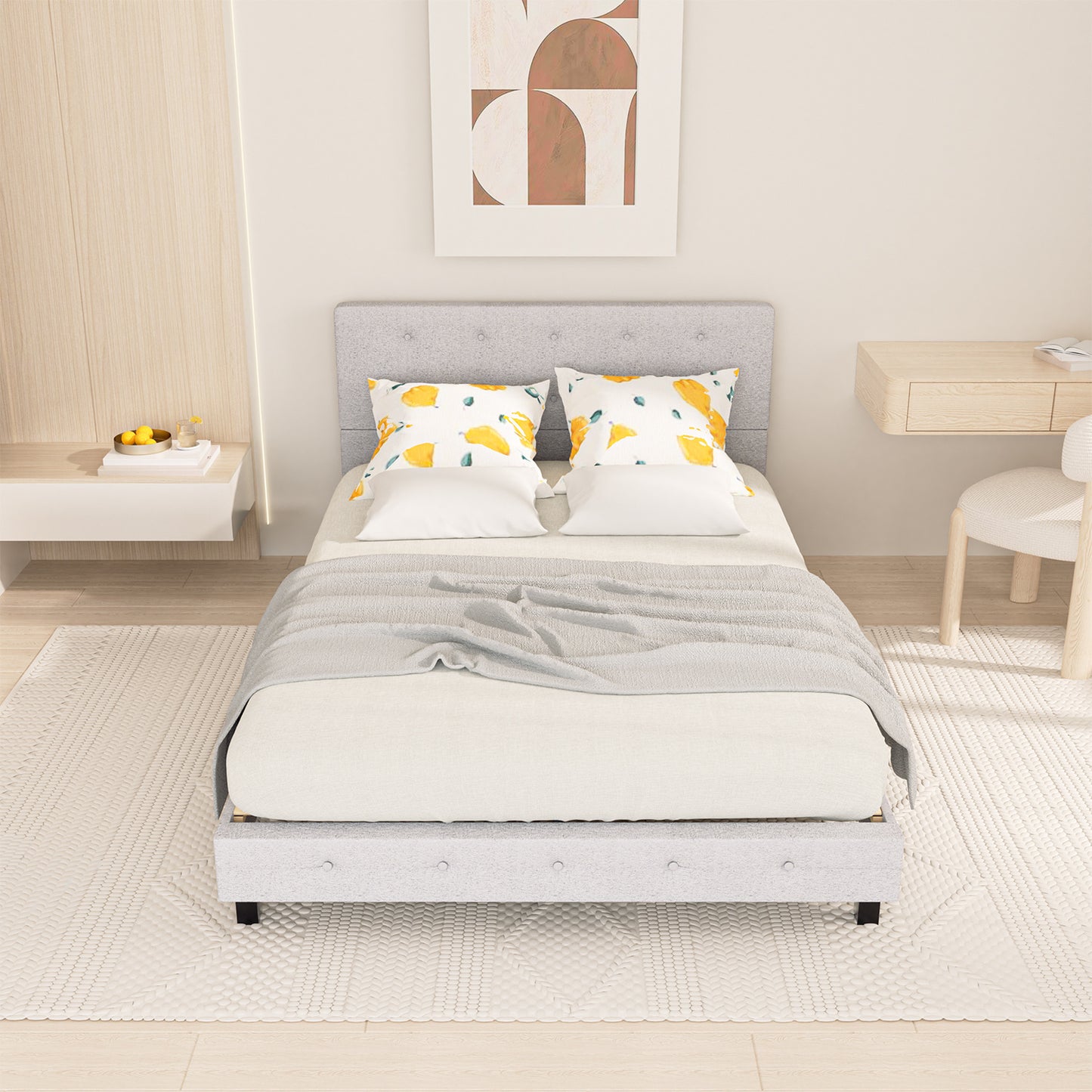 Bedframe – Bedombouw – Boxspring – Ledikant – Slaapbank – 140 x 200 cm – Stoffen Hoofdbord – Stevige Houten Lattenbodem – Lichtgrijs