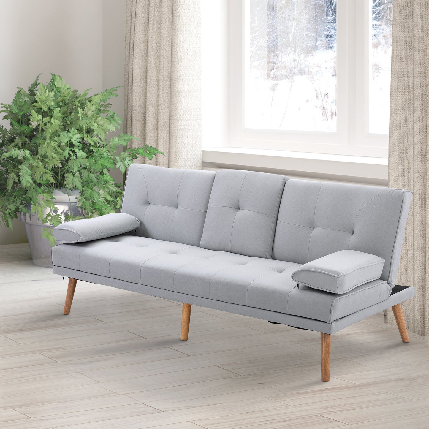 Slaapbank – 3-zitsbank – Bedbank – Uitklapbare Sofa – Stoffen Bank – Multifunctioneel Design – Inklapbaar Tafeltje Met Bekerhouders – Scandinavisch Design – Belastbaar Tot 250 Kg – Lichtgrijs Linnen Look