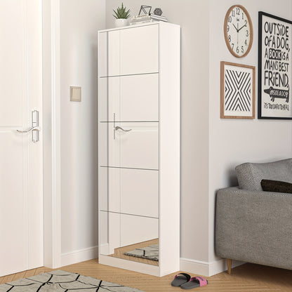 Shoe Storage Unit with a Full-Length Mirror, Featuring a Double Rack And Five Flip Drawers, Designed in White Wood for Organizing Shoes in Entryways, Hallways, And Corridors.