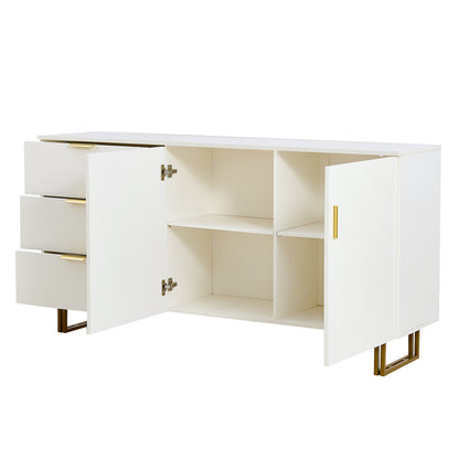 BTM Sideboard White Modern with 3 Drawers And 2 Doors, Dresser with Golden Handles And Stable Metal Legs, Storage Cabinet Made offor Living Room Dining Room, 160×40×81.5 Cm