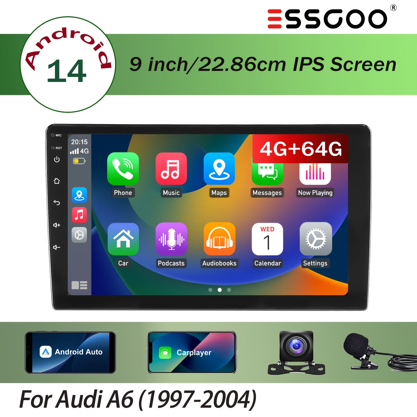 9 Inch Android Multimedia Car Stereo – 2-DIN Auto Radio – Navigatie Systeem – Touchscreen Headunit – Bluetooth Audio Speler – Met Microfoon & Achteruitrijcamera – Quad-Core Processor – Draadloze Connectiviteit