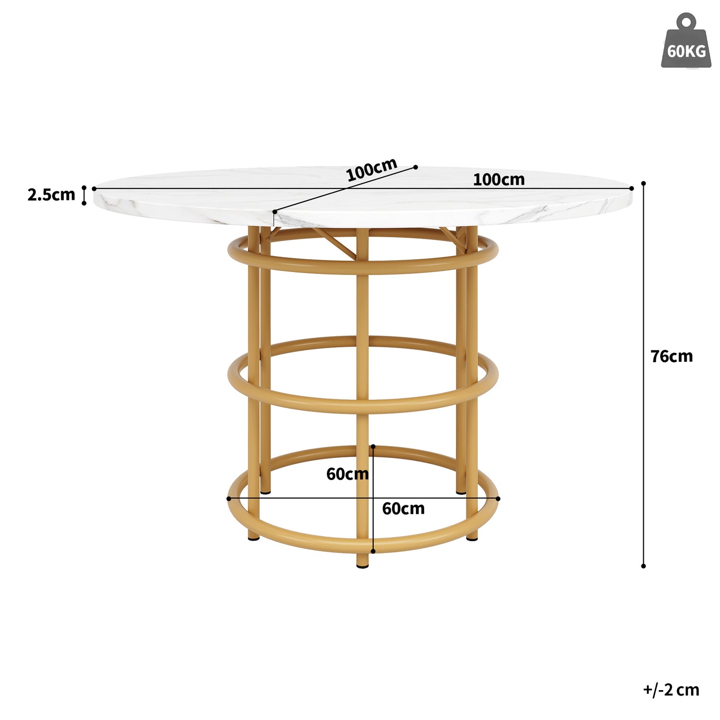 Ronde Eettafel – Eettafel Rond – Keukentafel – Tafel Marmerlook – Tafeltje Goudkleurig Metaal – 100 cm Diameter – Verstelbare Poten