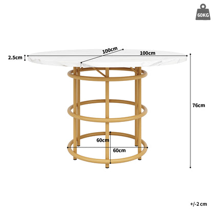 Ronde Eettafel – Eettafel Rond – Keukentafel – Tafel Marmerlook – Tafeltje Goudkleurig Metaal – 100 cm Diameter – Verstelbare Poten