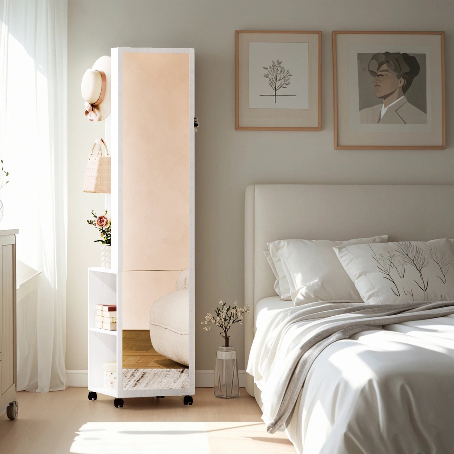 Juwelenkast – Sieradenkast – Sieraden Organizer – Spiegelkast – Staande Opberger – Witte Kast Met Beige Voering – 5-in-1 Opbergsysteem – Compact En Duurzaam
