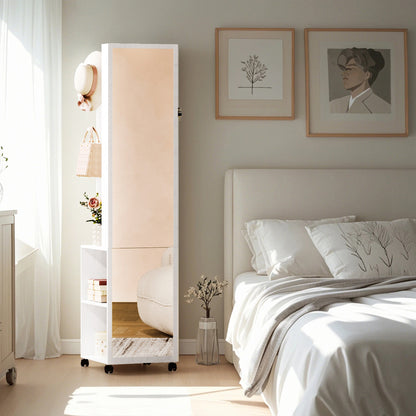 Juwelenkast – Sieradenkast – Sieraden Organizer – Spiegelkast – Staande Opberger – Witte Kast Met Beige Voering – 5-in-1 Opbergsysteem – Compact En Duurzaam